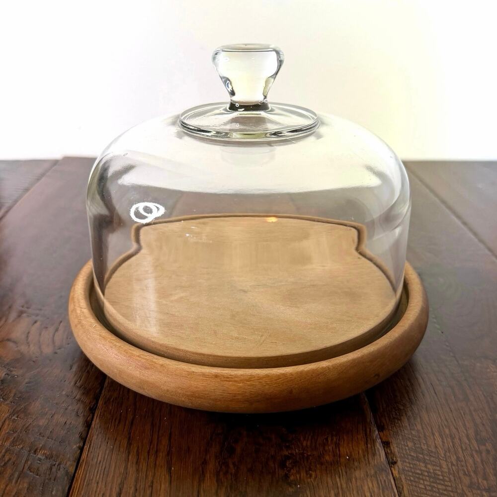 Vintage Glass Cloche Dome with Teak Wood Base – Made in Thailand